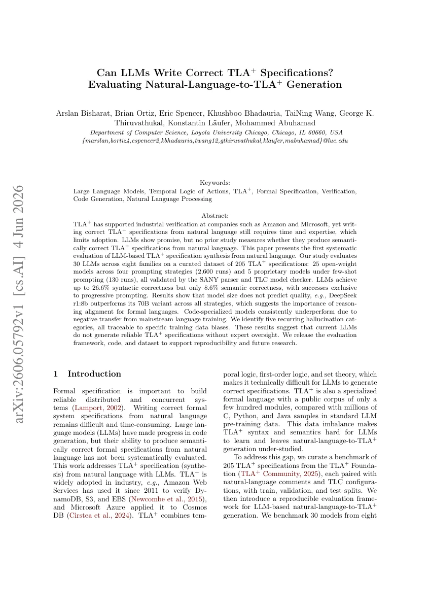 First-page preview of Can LLMs Write Correct TLA+ Specifications?